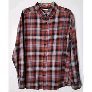 Columbia Shirt Men's Large Orange‎ Blue Plaid L/S Button Front Pocket Cotton